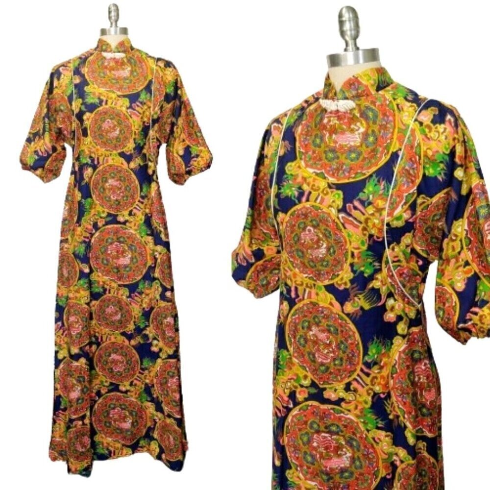 Alice of California Vintage 60s Dress Size S M Dragon Print Mod Caftan Cheongsam